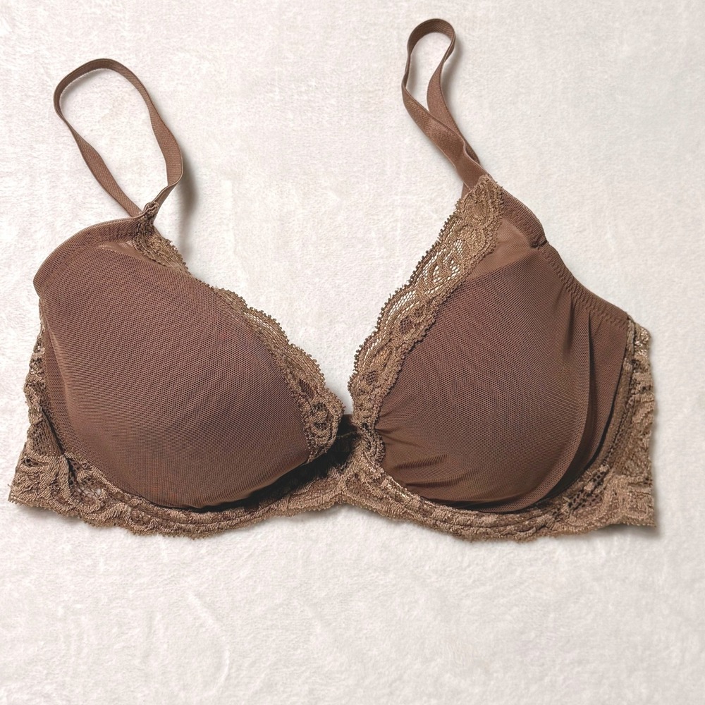 Natori Brown Mesh & Lace Plunge Bra 34D Underwire Scalloped Trim 2-Hook Closure